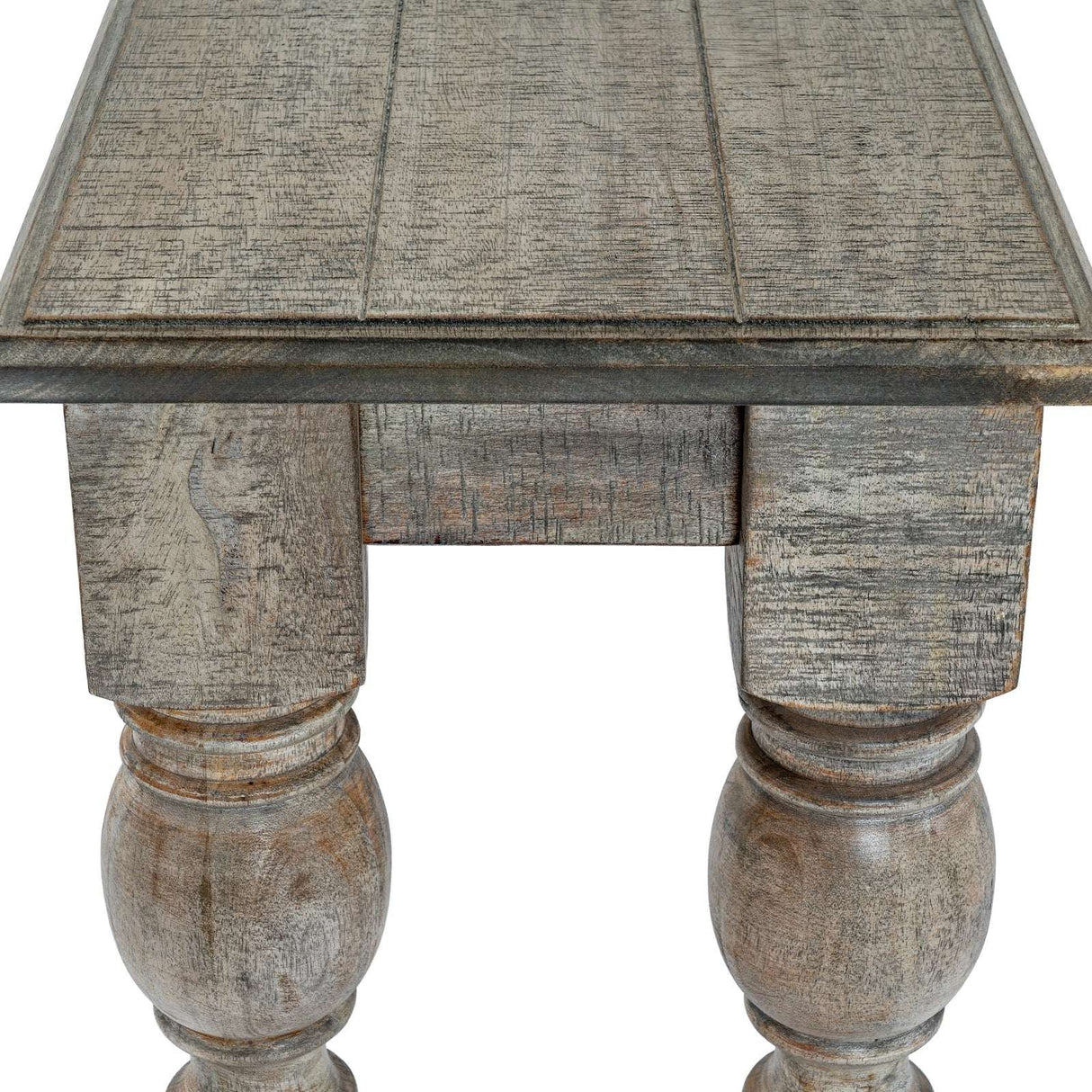 Rustic wooden console table with turned legs and a textured surface for stylish entryway decor