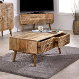 Verty Furniture Corner TV Stand in natural wood finish with two storage drawers and stylish design