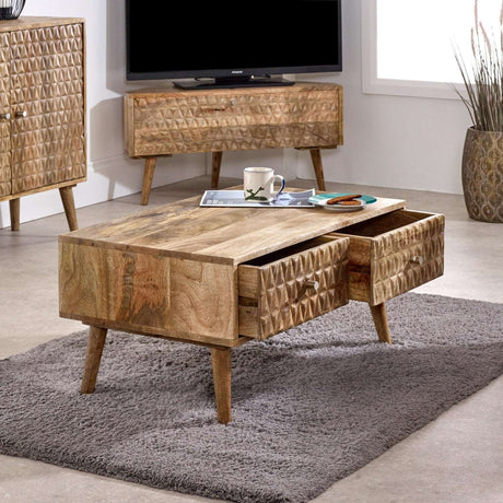 Verty Furniture Corner TV Stand in natural wood finish with two storage drawers and stylish design