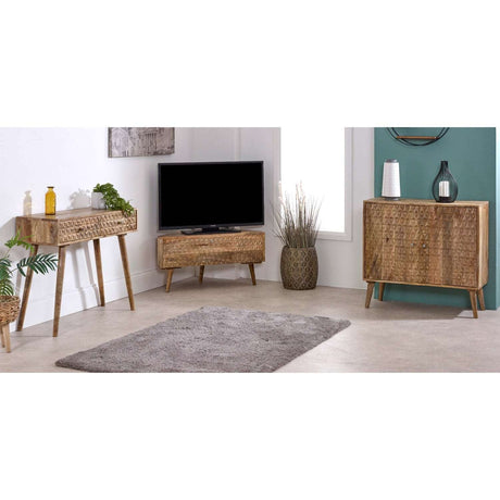 Verty Furniture Corner TV Stand with Natural Texture, Perfect for a Stylish Living Room Setup