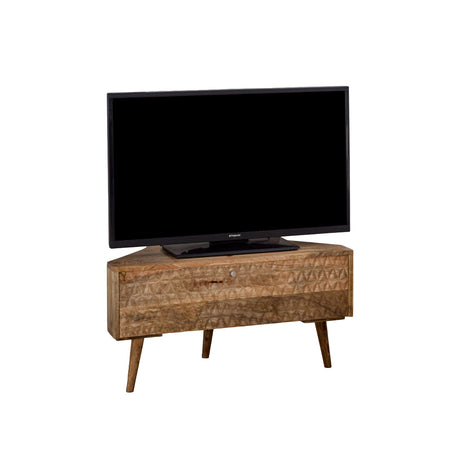 Verty Furniture Corner TV Stand in natural wood finish with geometric design and space for TV display