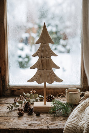 Wooden Fir Tree Decoration for Christmas Room Decorations with Pinecones and Cozy Mug
