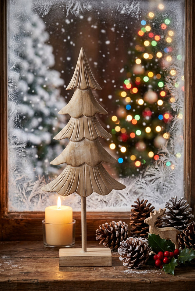 Natural Wood Fir Tree Decoration for Christmas Room with Candle and Pinecones