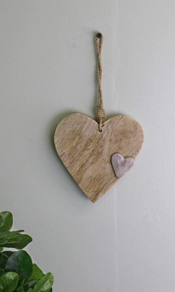 Wooden Hanging Heart Ornament with Silver Heart Geko Products