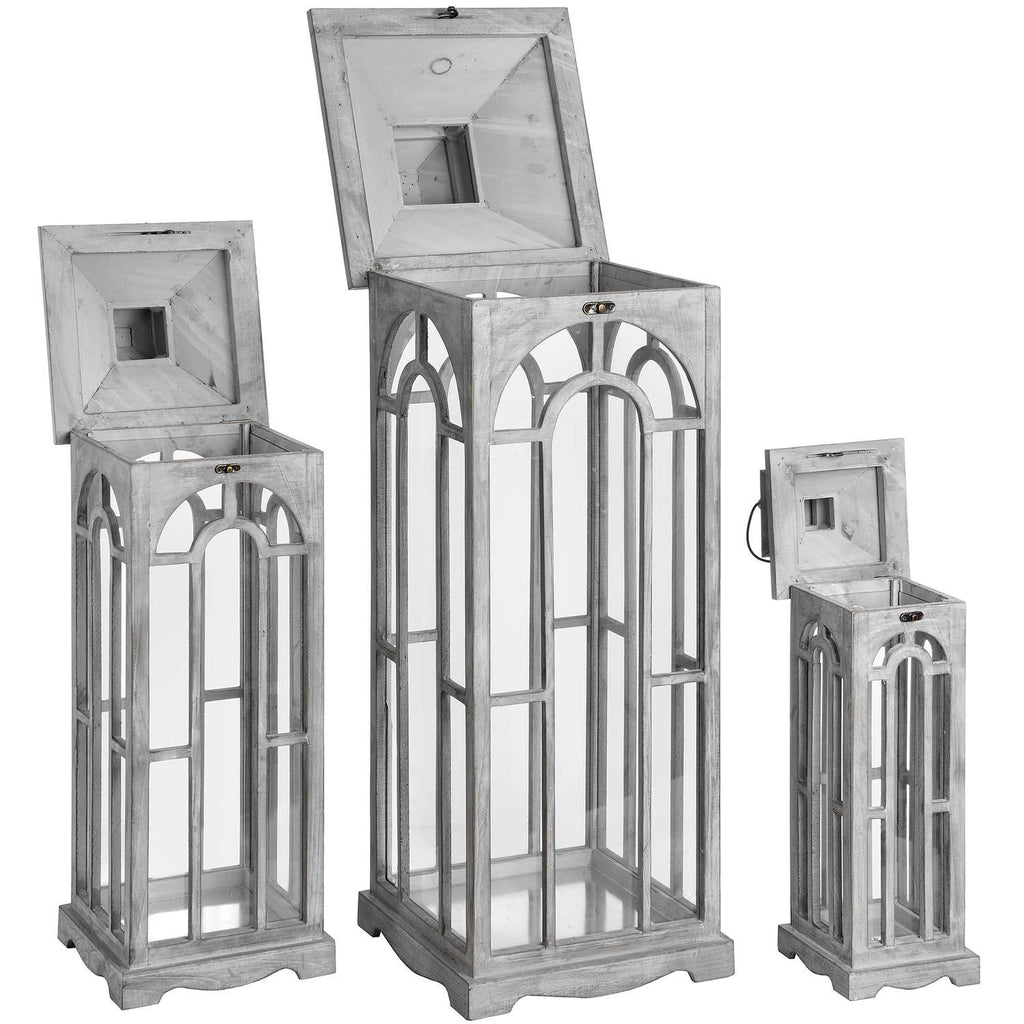 Set Of Three Wooden Lanterns With Archway Design Shades 4 Seasons