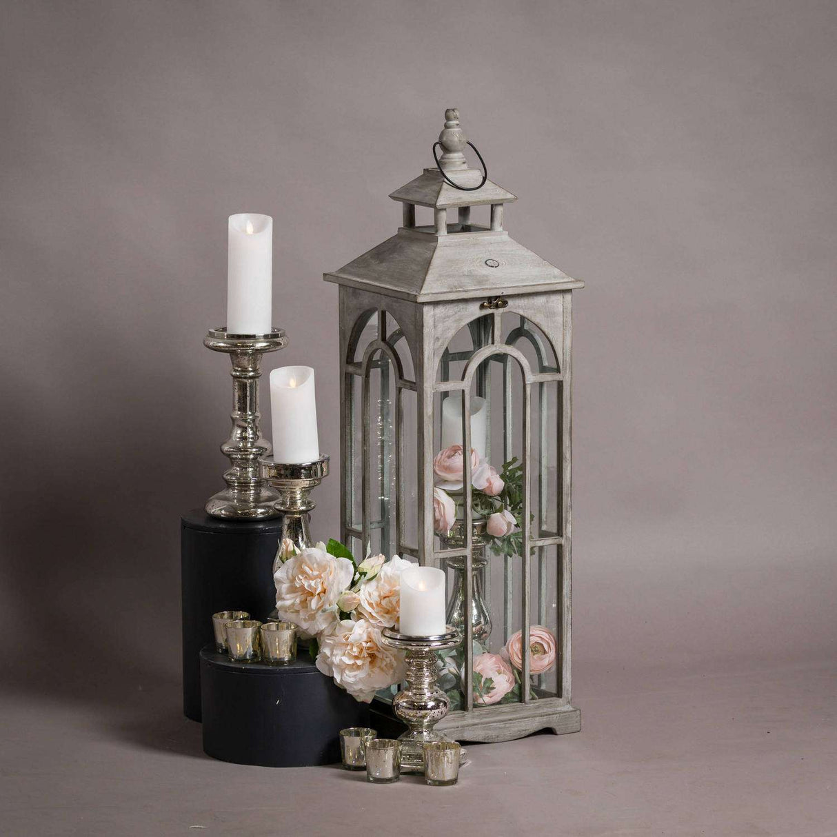 Set Of Three Wooden Lanterns With Archway Design Shades 4 Seasons