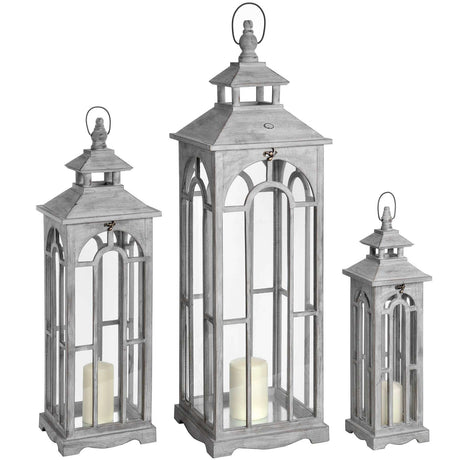 Set Of Three Wooden Lanterns With Archway Design GREY WOOD Shades 4 Seasons