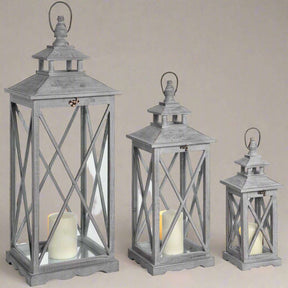 Set Of Three Wooden Lanterns With Traditional Cross Section GREY WOOD Shades 4 Seasons