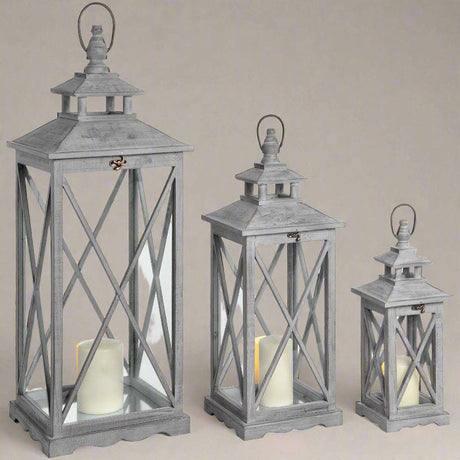Set Of Three Wooden Lanterns With Traditional Cross Section GREY WOOD Shades 4 Seasons