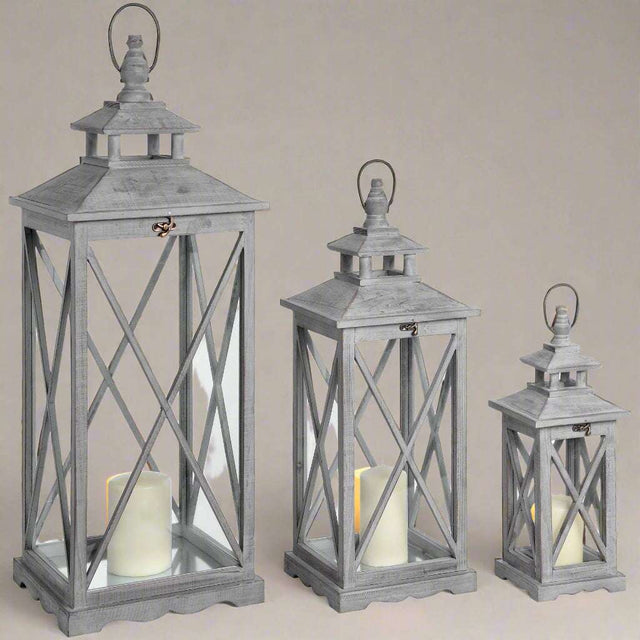 Set Of Three Wooden Lanterns With Traditional Cross Section GREY WOOD Shades 4 Seasons
