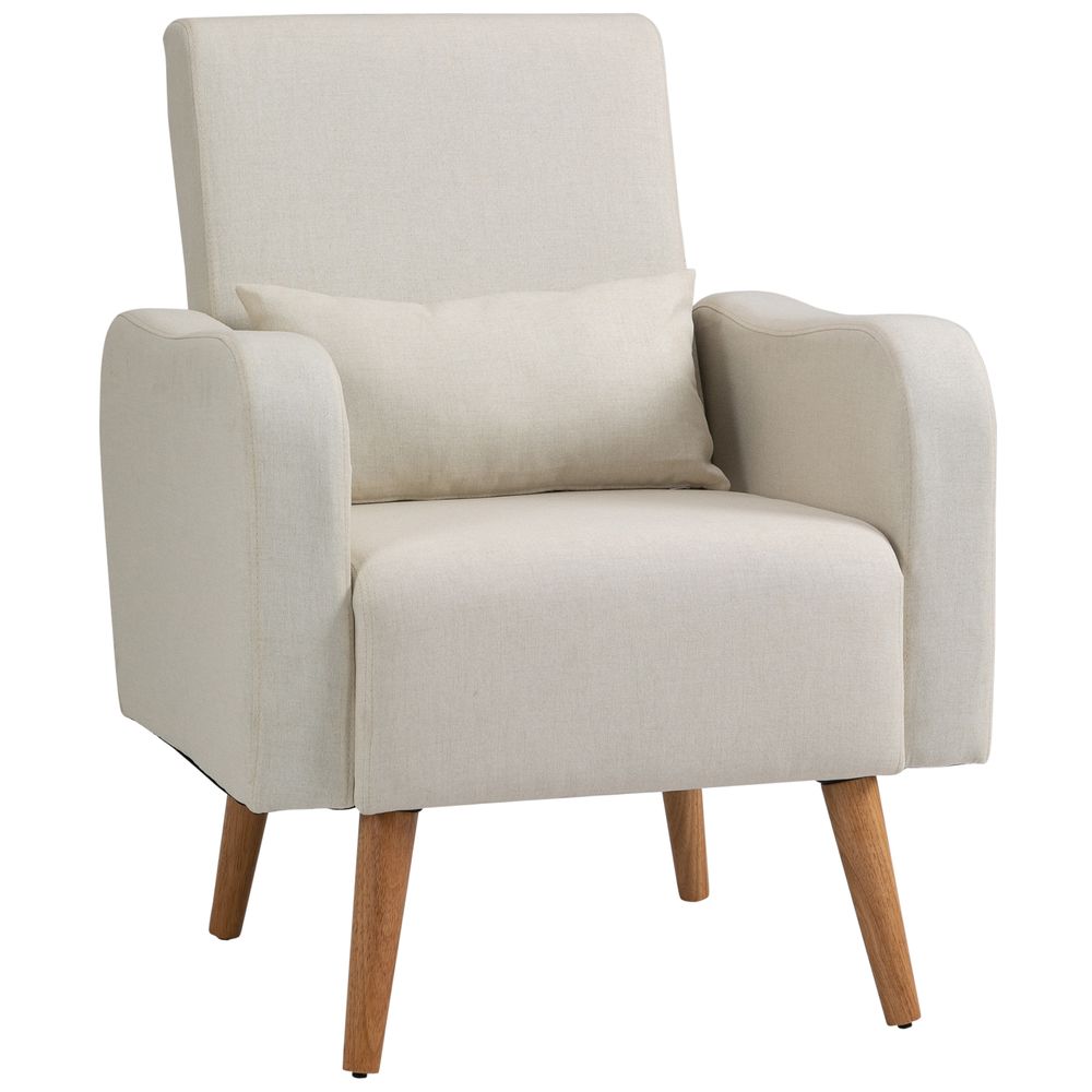 Nordic Armchair Linen-Touch Sofa Chair with Cushioned Pillow & Wood Legs Cream Unbranded