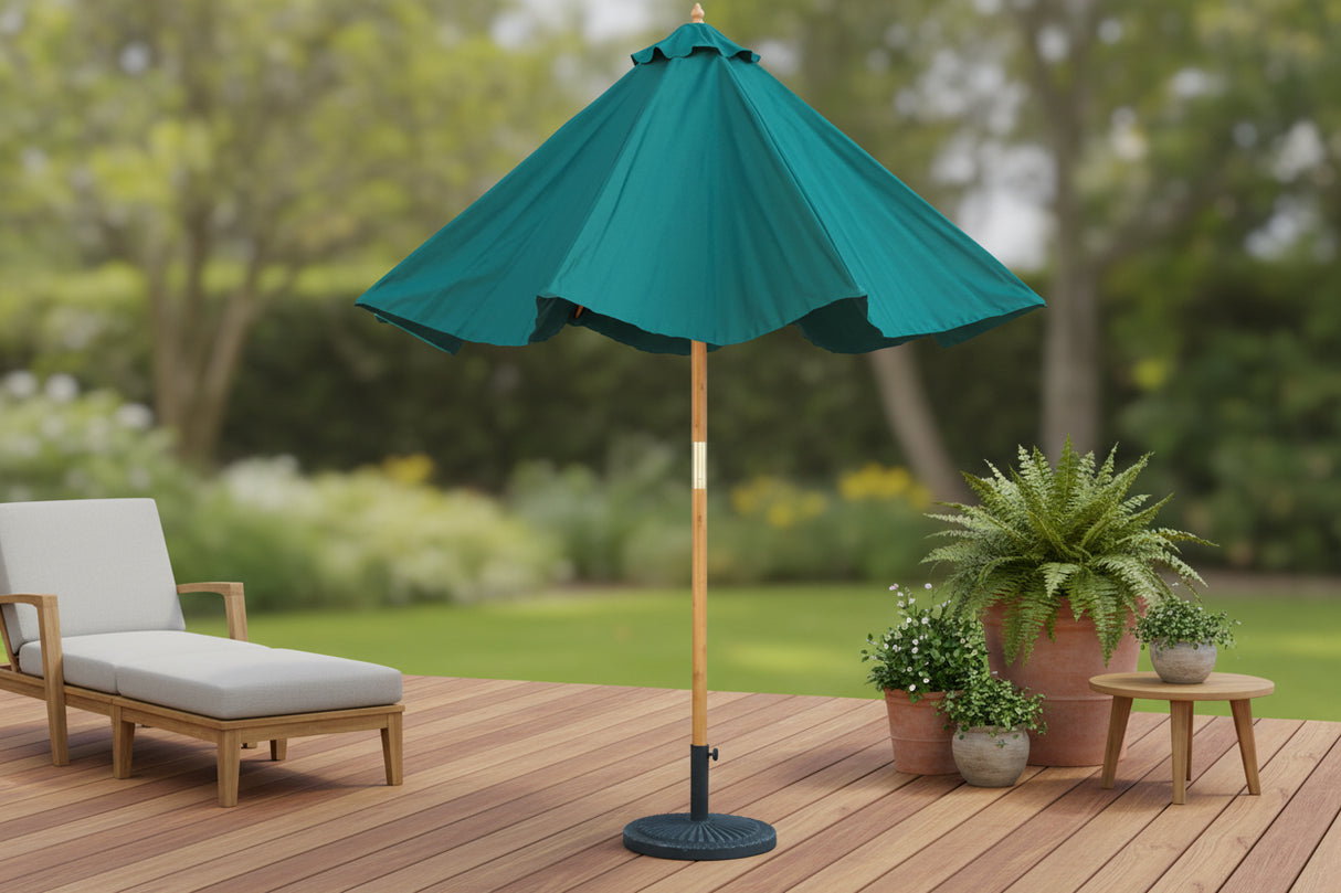 MINT Outdoor Wooden Parasol with green canopy, perfect for garden sun protection and stylish outdoor decor.