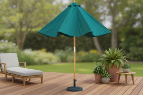 MINT Outdoor Wooden Parasol with green canopy, perfect for garden sun protection and stylish outdoor decor.