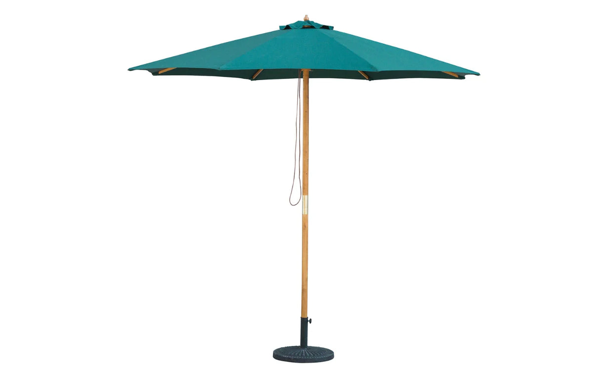 MINT Outdoor Wooden Parasol with a green canopy and a sturdy wooden pole for outdoor shade