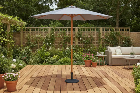 MINT Outdoor Wooden Parasol with a spacious canopy for patio shade and relaxation in garden settings