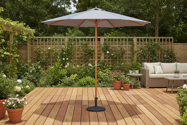 MINT Outdoor Wooden Parasol with a spacious canopy for patio shade and relaxation in garden settings