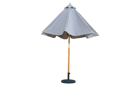 MINT Outdoor Wooden Parasol with a sturdy base and elegant grey fabric for outdoor shade