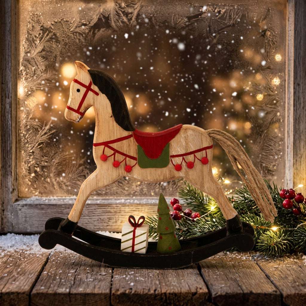 Wooden rocking horse Christmas room decoration with festive details and snow-covered background