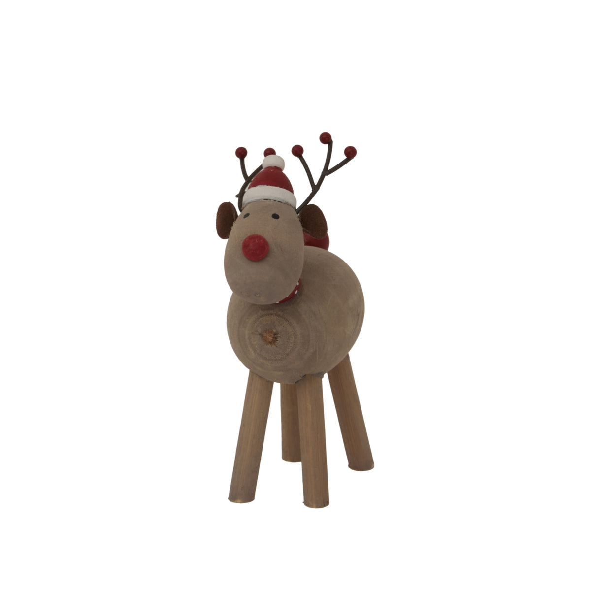 Rustic Rudolf Wooden Reindeer Decoration with Red Nose and Santa Hat for Christmas Room Decor