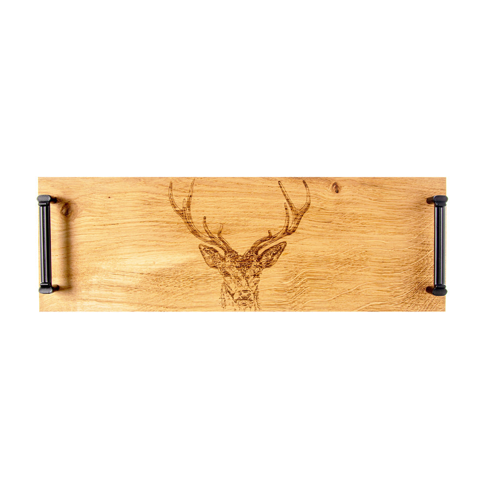 Selbrae House Wooden Serving Tray with Stag Design and Metal Handles for Elegant Hosting