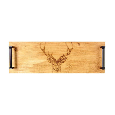Selbrae House Wooden Serving Tray with Stag Design and Metal Handles for Elegant Hosting