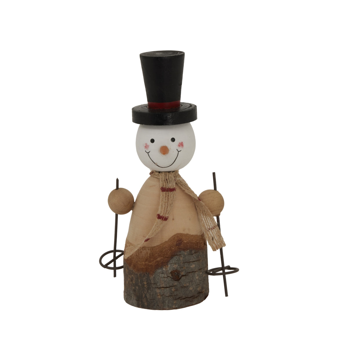 Adorable wooden snowman decoration with a top hat and scarf, perfect for Christmas room decorations