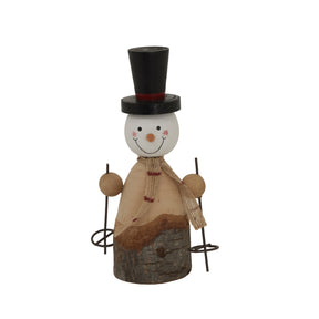 Adorable wooden snowman decoration with a top hat and scarf, perfect for Christmas room decorations