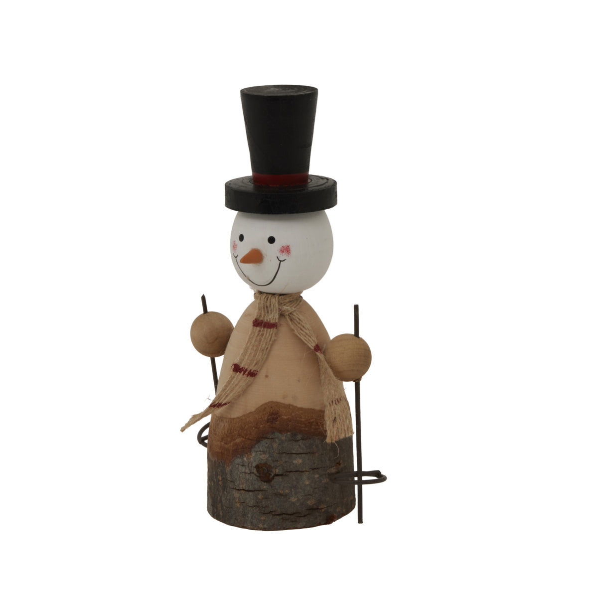 Charming snowman decoration made from natural wood with a top hat and scarf, perfect for Christmas room decorations
