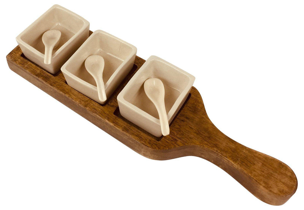 Wooden Tray With Dip Bowls & Spoons 36cm Geko Products