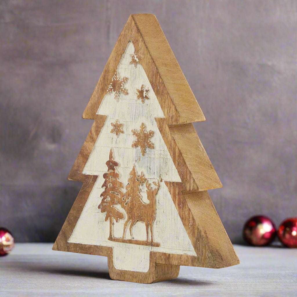 Natural Wooden Snow Scene Tree Decoration BROWN WOOD Shades 4 Seasons