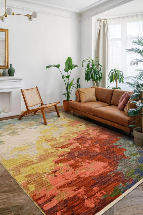 Colourful abstract Wool Blend Rug in a stylish living room with a brown sofa and plants