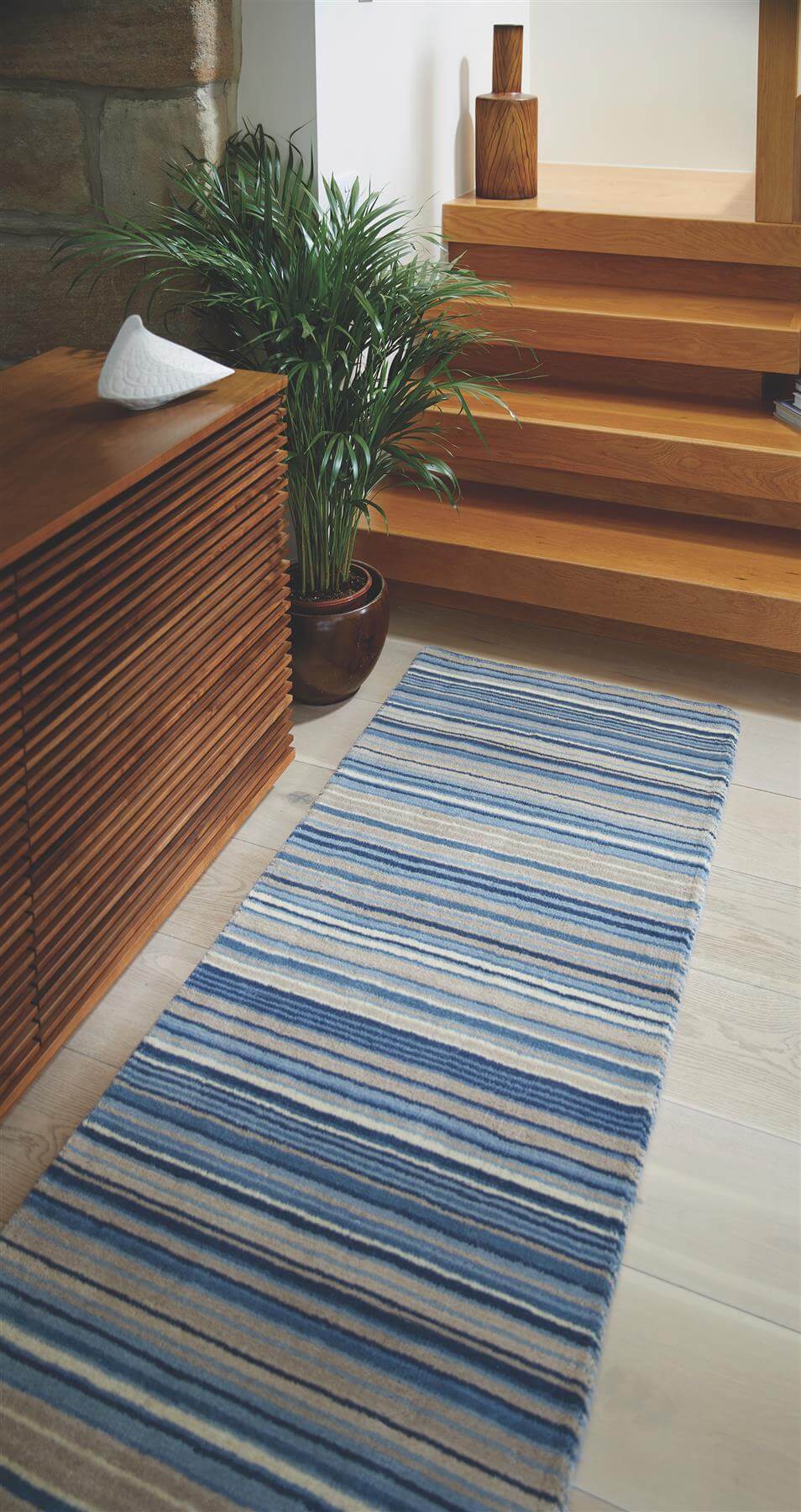 Wool Rug with Blue and Beige Stripes, Ideal for Hallways and Modern Interiors