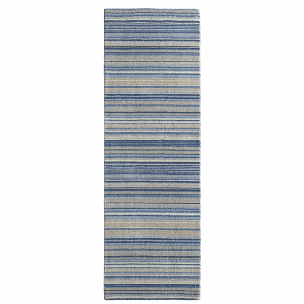 Striped Wool Rug in Blue and Beige for Modern Home Decor