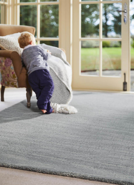 Child playing on a soft grey Wool Rug in a bright living room with large windows