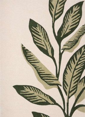 Stylish wool rug featuring a leaf design in green tones on a neutral background