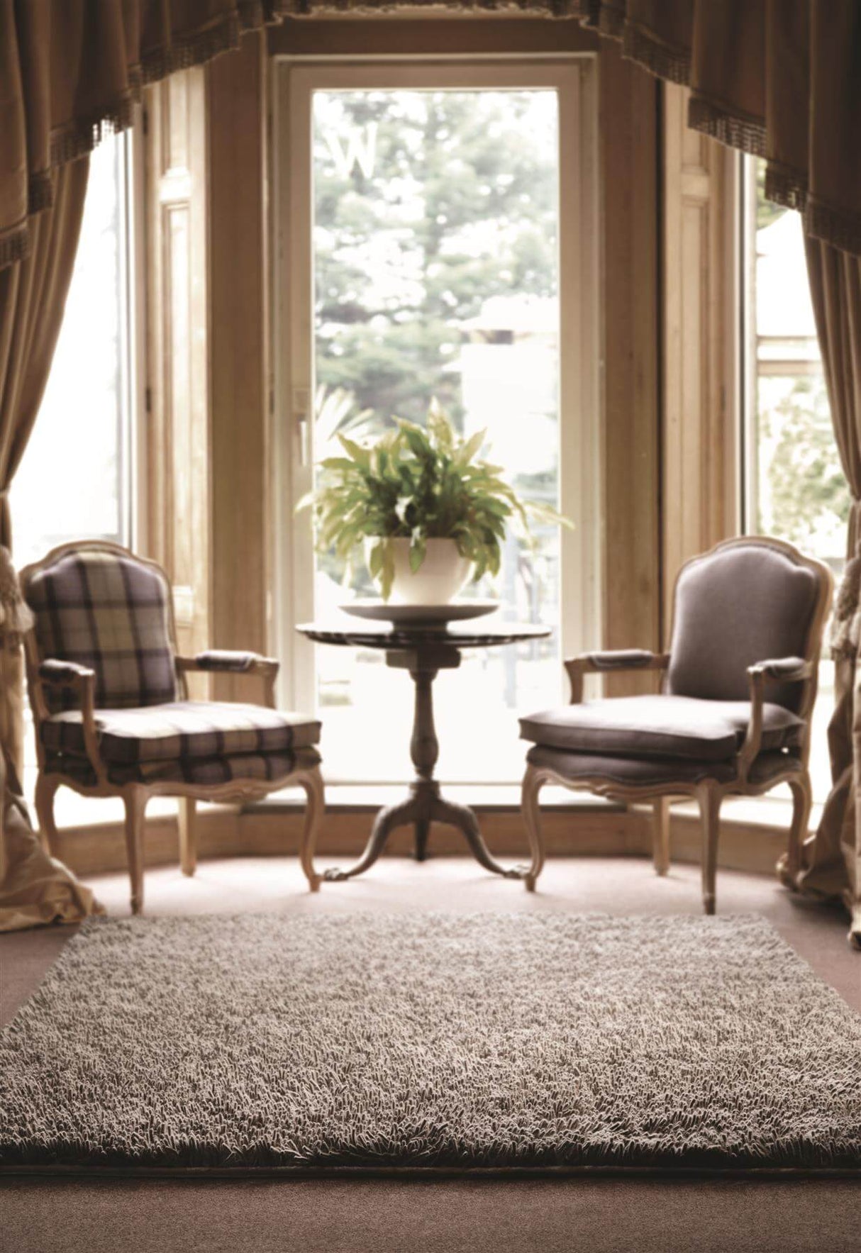 Soft textured Wool Rug placed in a cosy living room with two chairs and a potted plant
