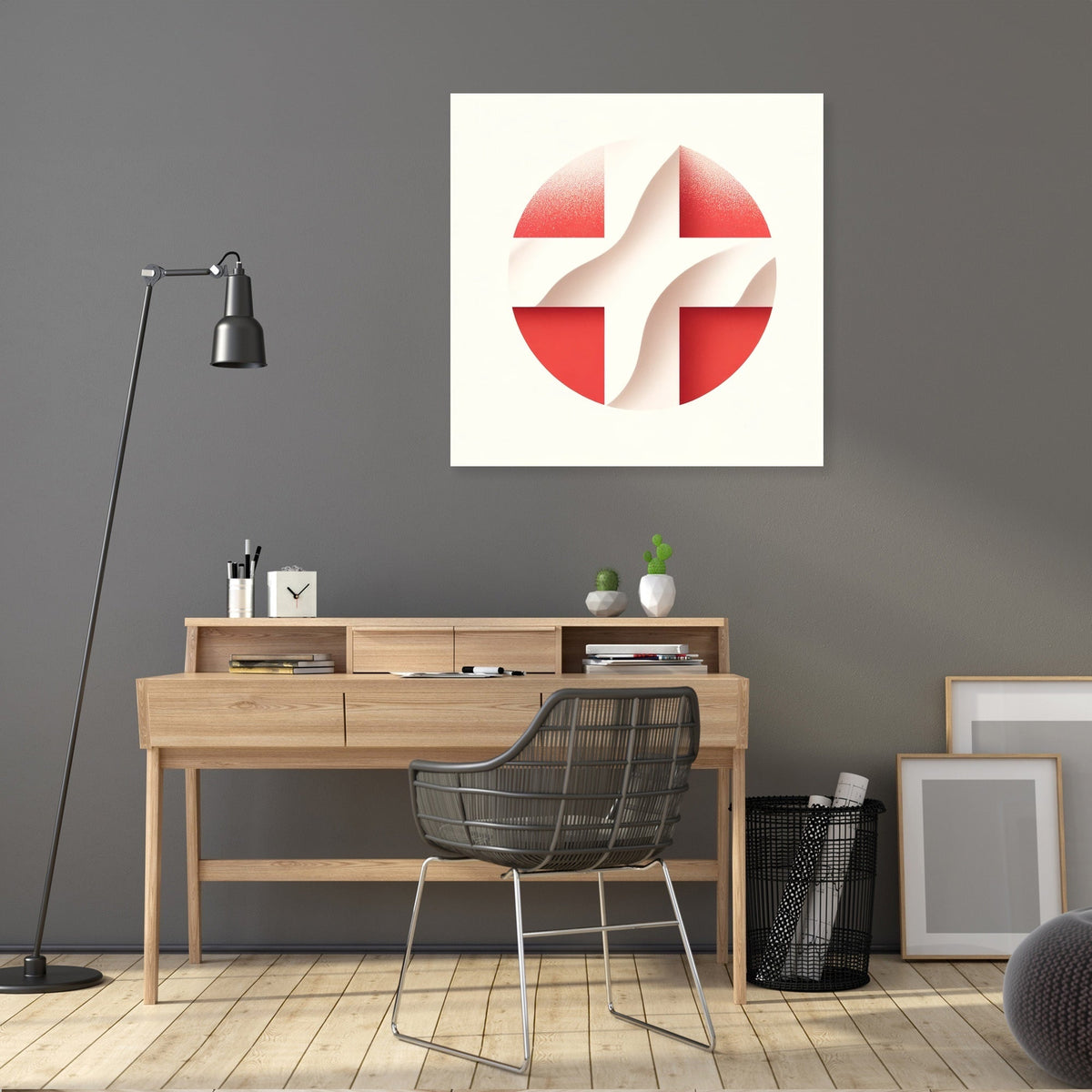 Modern Wall Art Canvas featuring a geometric design in red and white for stylish home decor