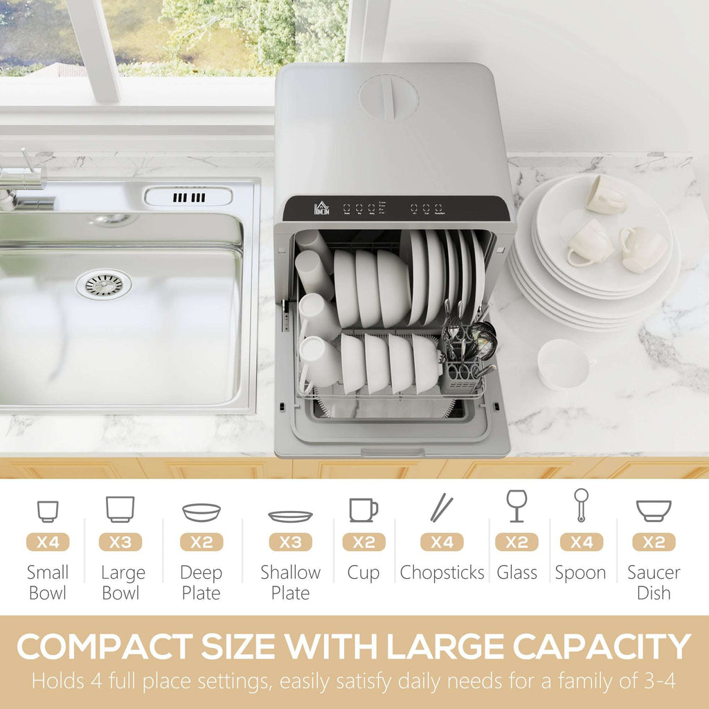 HOMCOM Worktop Dishwasher With 4 Place Settings 6 Programs, Silver Tone HOMCOM