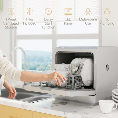 HOMCOM Worktop Dishwasher With 4 Place Settings 6 Programs, Silver Tone HOMCOM