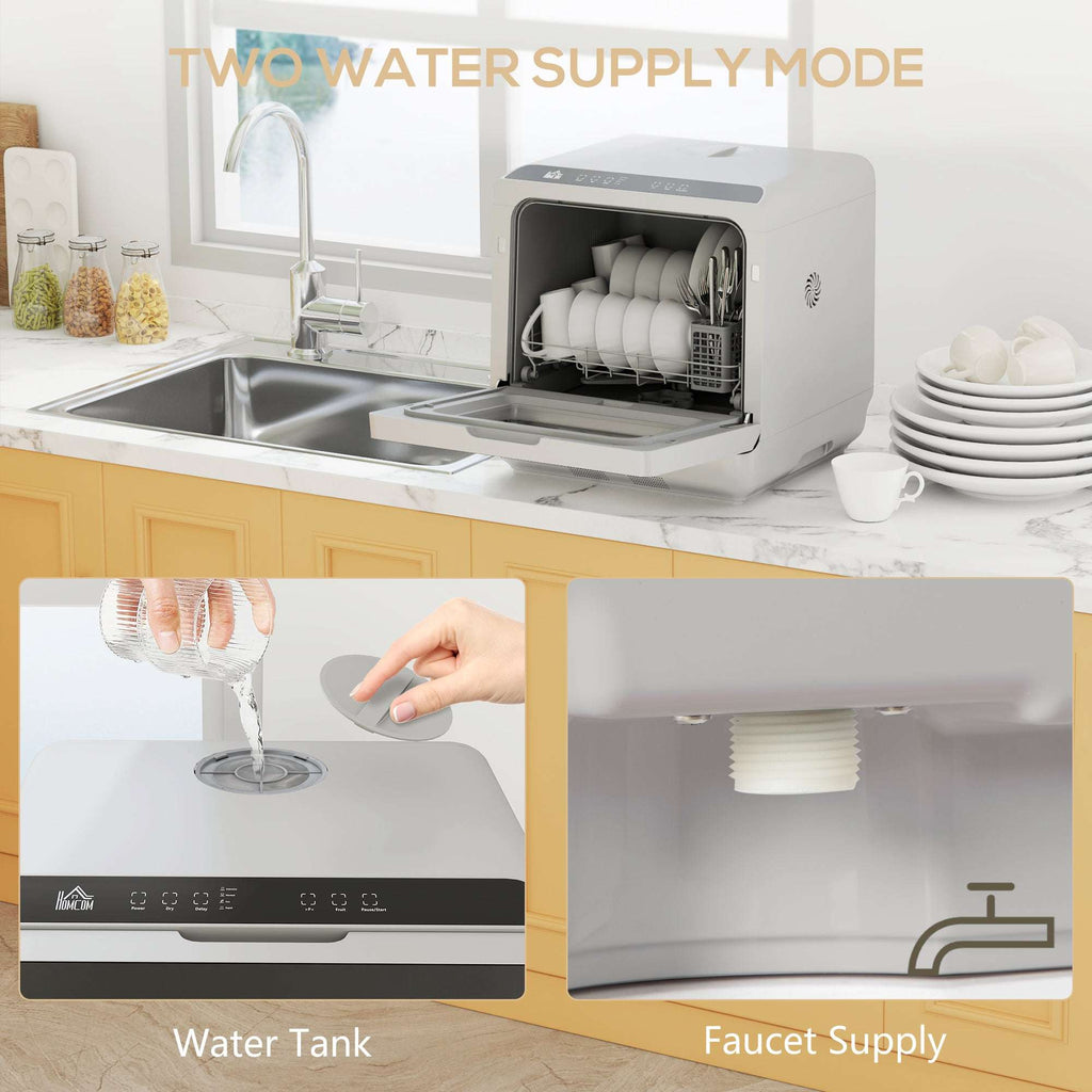 HOMCOM Worktop Dishwasher With 4 Place Settings 6 Programs, Silver Tone HOMCOM