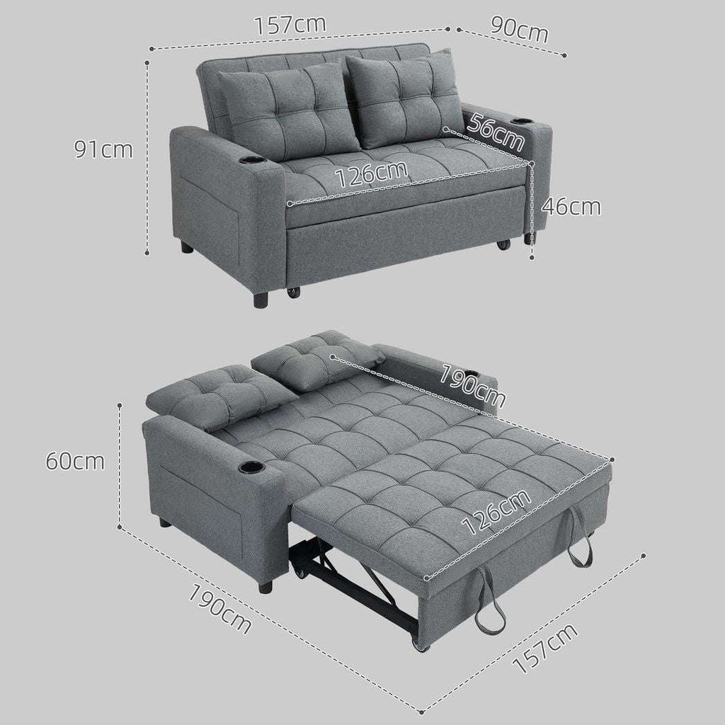 HOMCOM 2 Seater Pull Out Sofa Bed with Pockets for Living Room HOMCOM