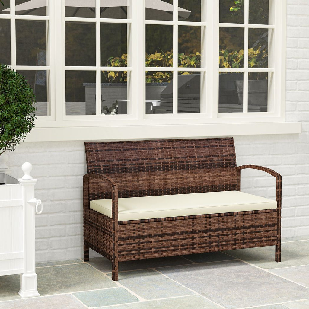 Outsunny Rattan Garden Bench w/ 125L Storage, Cushioned Outdoor Bench Outsunny