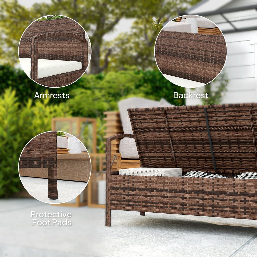 Outsunny Rattan Garden Bench w/ 125L Storage, Cushioned Outdoor Bench Outsunny