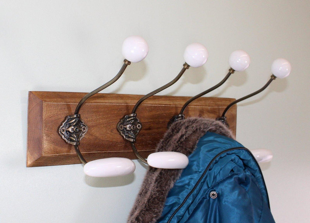 4 Double White Ceramic Coat Hooks On Wooden Base - Shades 4 Seasons