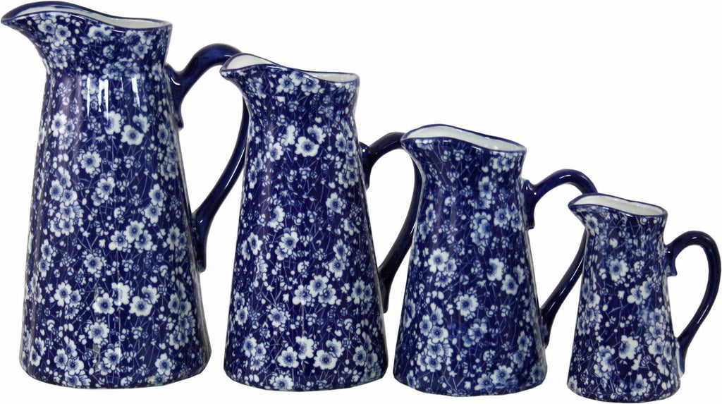 Set of 4 Ceramic Jugs, Vintage Blue & White Daisies Design - Shades 4 Seasons