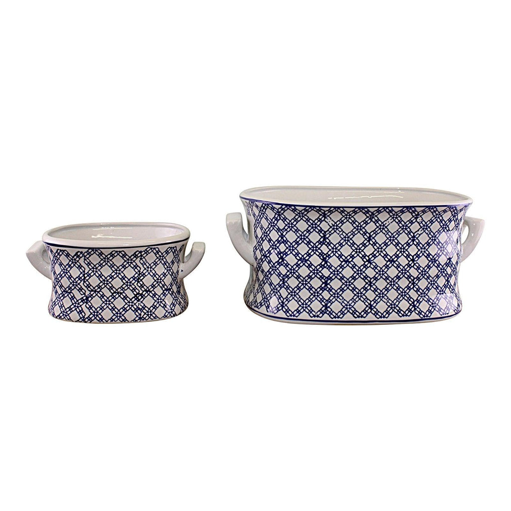 Set of 2 Ceramic Footbath Planters, Vintage Blue & White Geometric Design - Shades 4 Seasons