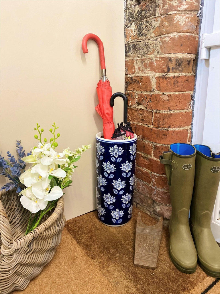 Blue With White Flower Umbrella Stand - Shades 4 Seasons