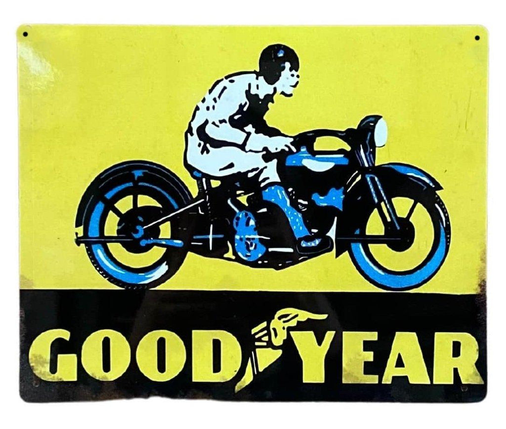 Metal Advertising Wall Sign - Good Year Tyre Motorbike - Shades 4 Seasons