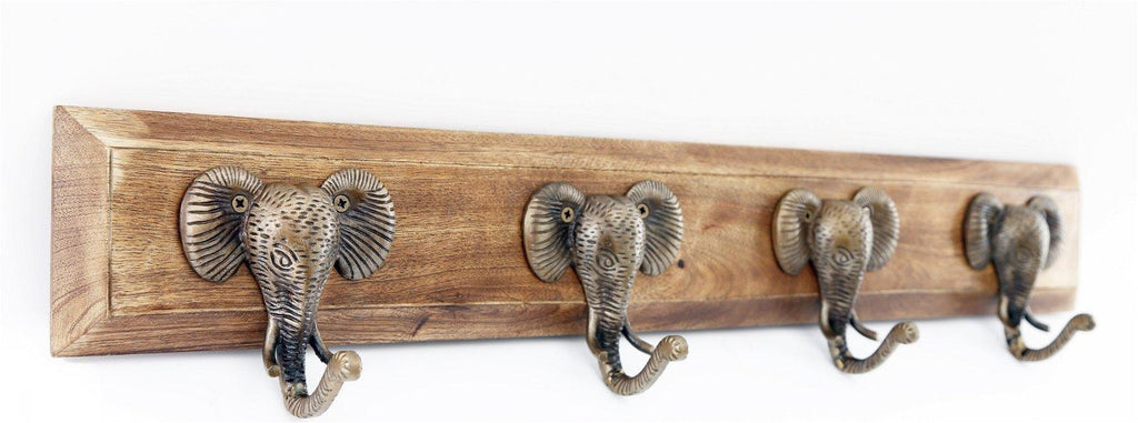 Four Gold Elephant Design Hooks on Wooden Base - Shades 4 Seasons
