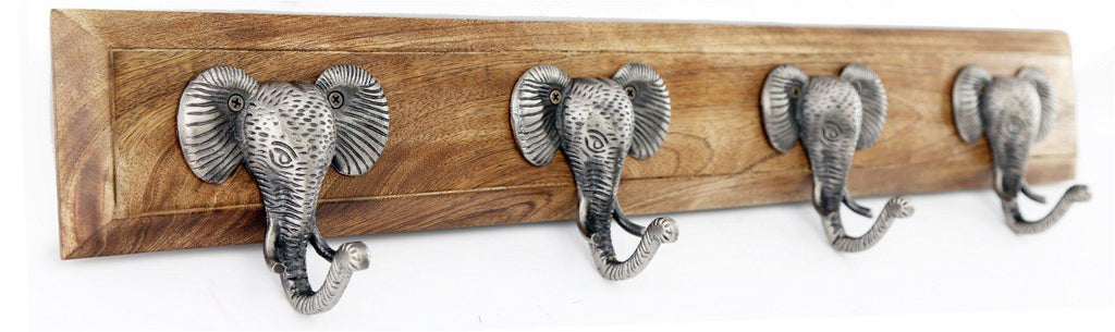 Four Silver Elephant Design Hooks on Wooden Base - Shades 4 Seasons